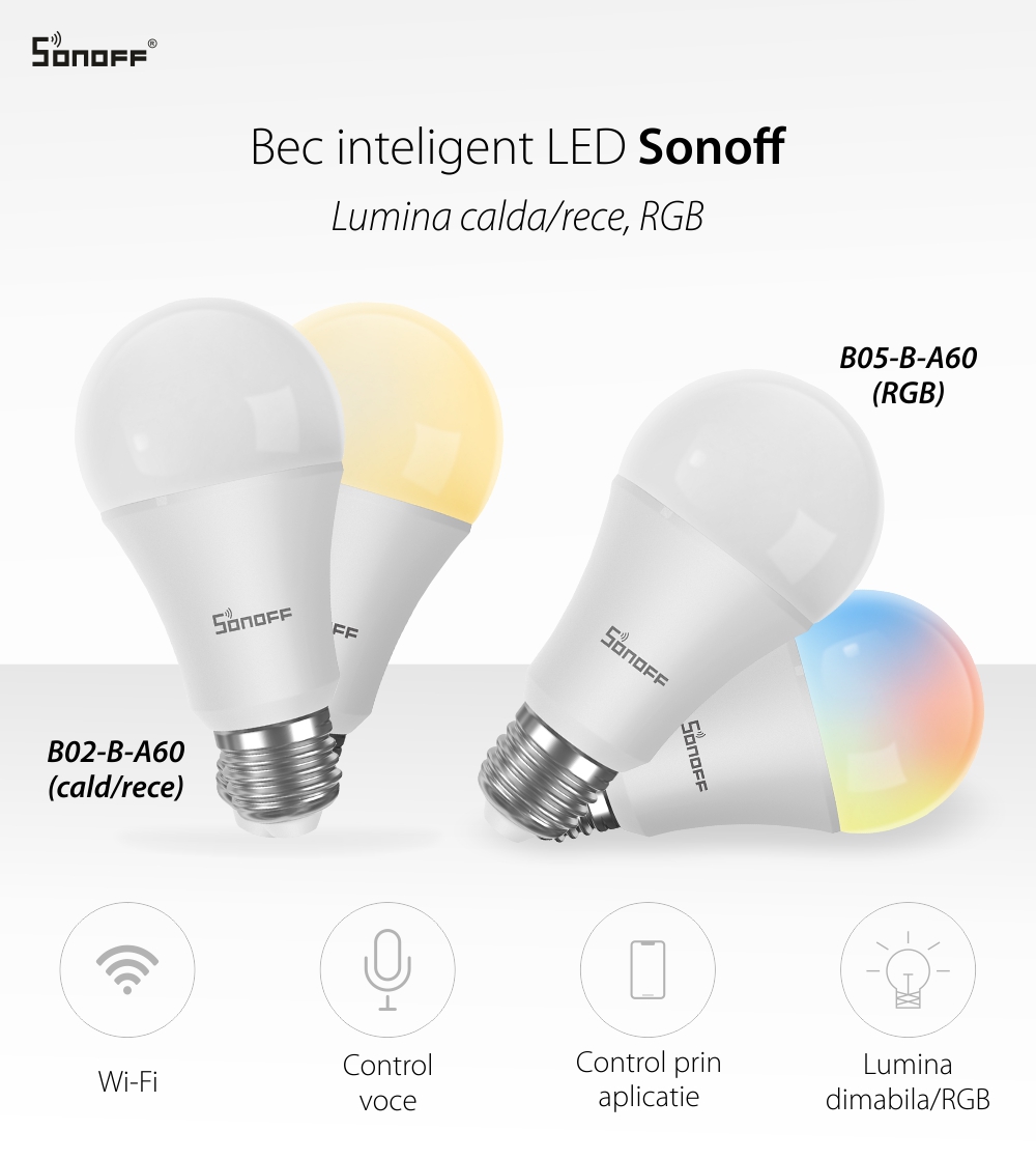 Sonoff Bec Smart LED B02-B-A60, Control vocal, 9W, E27, 806lm, WiFi
